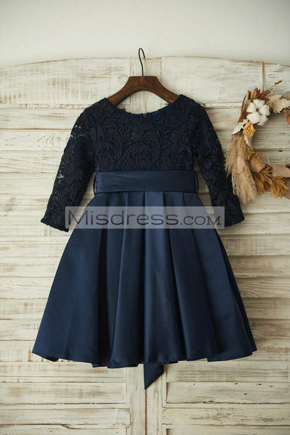 Long Sleeves Navy Blue Lace Satin Wedding Flower Girl Dress with Belt - Flower Girl Dresses