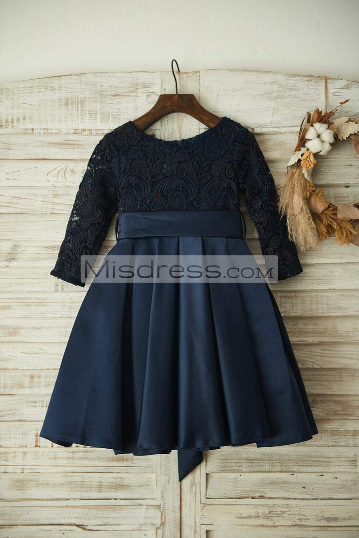 Long Sleeves Navy Blue Lace Satin Wedding Flower Girl Dress with Belt - Flower Girl Dresses