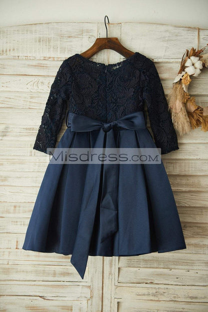 Long Sleeves Navy Blue Lace Satin Wedding Flower Girl Dress with Belt - Flower Girl Dresses