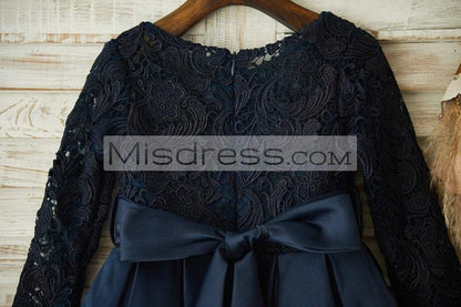 Long Sleeves Navy Blue Lace Satin Wedding Flower Girl Dress with Belt - Flower Girl Dresses