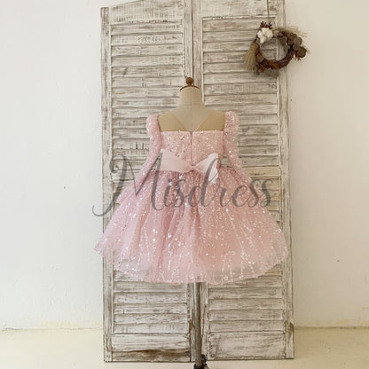 Long Sleeves Pink Crystal Beaded Wedding Flower Girl Dress Birthday Party