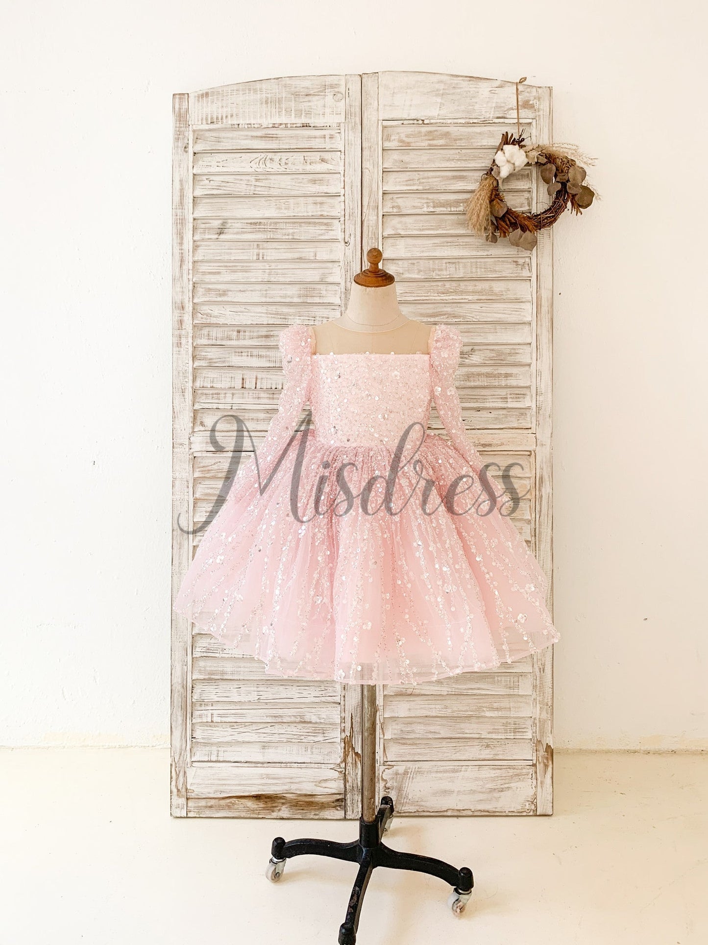 Long Sleeves Pink Crystal Beaded Wedding Flower Girl Dress Birthday Party