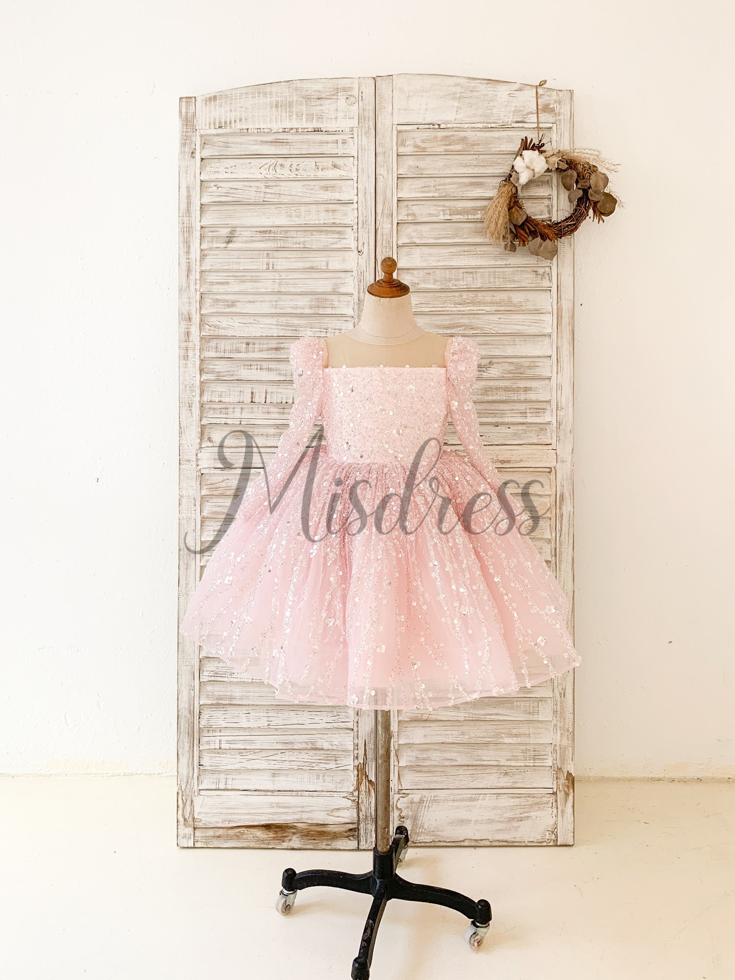 Long Sleeves Pink Crystal Beaded Wedding Flower Girl Dress Birthday Party
