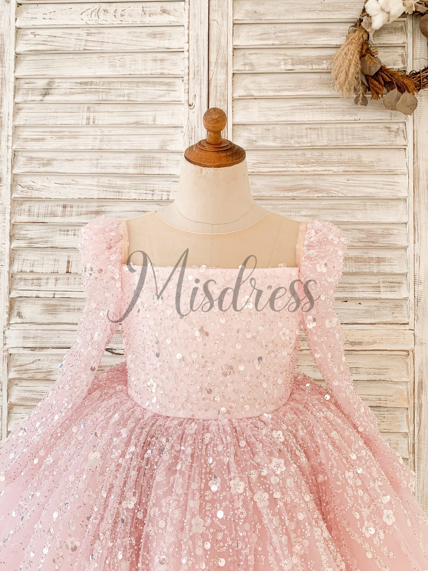 Long Sleeves Pink Crystal Beaded Wedding Flower Girl Dress Birthday Party