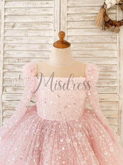 Long Sleeves Pink Crystal Beaded Wedding Flower Girl Dress Birthday Party