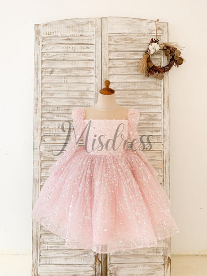 Long Sleeves Pink Crystal Beaded Wedding Flower Girl Dress Birthday Party