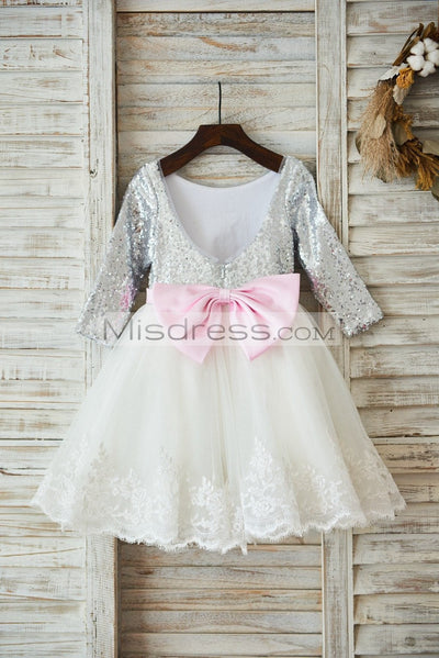 Long Sleeves Silver Sequin Ivory Lace Tulle V Back Wedding Flower Girl Dress Party Dress - Flower Girl Dresses