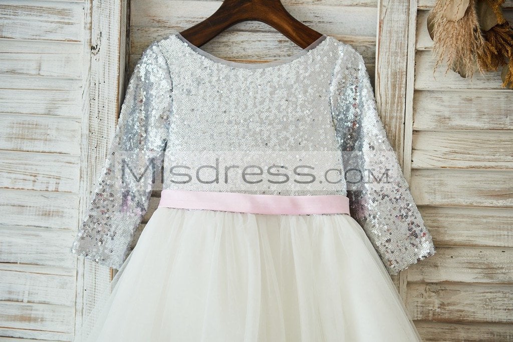 Long Sleeves Silver Sequin Ivory Lace Tulle V Back Wedding Flower Girl Dress Party Dress - Flower Girl Dresses