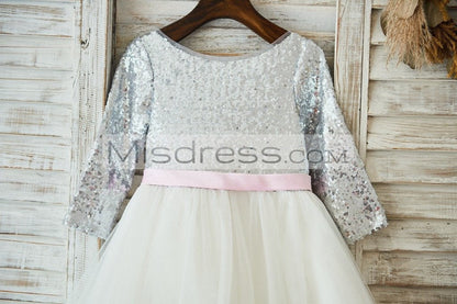 Long Sleeves Silver Sequin Ivory Lace Tulle V Back Wedding Flower Girl Dress Party Dress - Flower Girl Dresses