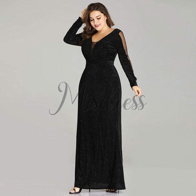 Long Sleeves Velvet Tulle Plus Size Evening Party Dress - 2 / Black - Prom Dresses