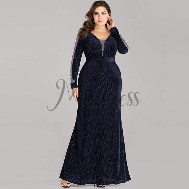 Long Sleeves Velvet Tulle Plus Size Black & Burgundy Evening Party Dress 20 / Navy Blue