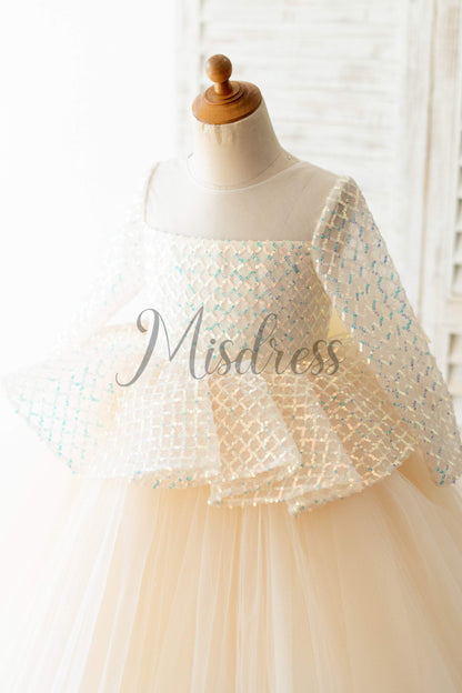 Long Sleeves Champagne Sequin Tulle Hi Low Wedding Flower Girl Dress Kids Party Dress