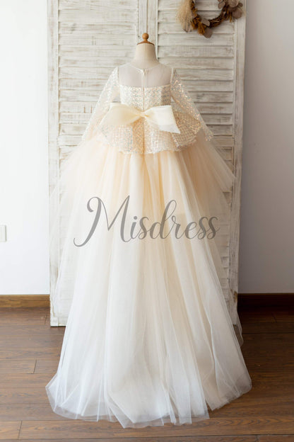 Long Sleeves Champagne Sequin Tulle Hi Low Wedding Flower Girl Dress Kids Party Dress