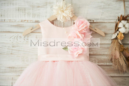 Hi-Low Pink Dot Tulle Wedding Flower Girl Dress With 3D Flowers - Flower Girl Dresses