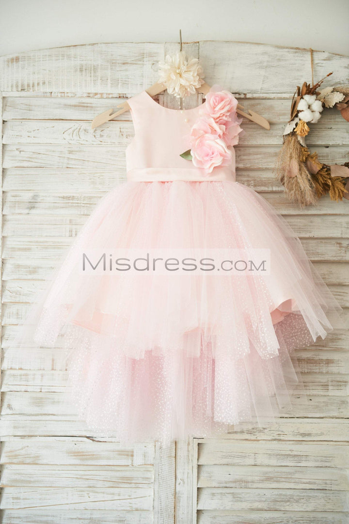 Hi-low Pink Polka Dot Tulle Sleeveless Wedding Flower Girl Dress, 3D Flowers 8T --- Chest = 27 inches/ Waist = 26 inches/ Hollow to mid-calf = 34.5