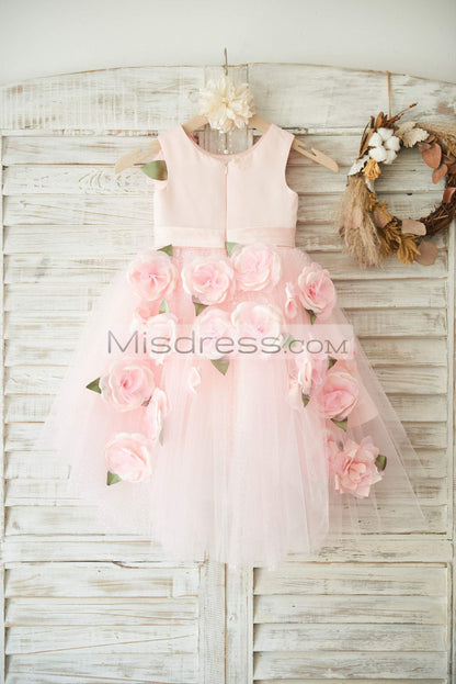 Hi-Low Pink Dot Tulle Wedding Flower Girl Dress With 3D Flowers - Flower Girl Dresses