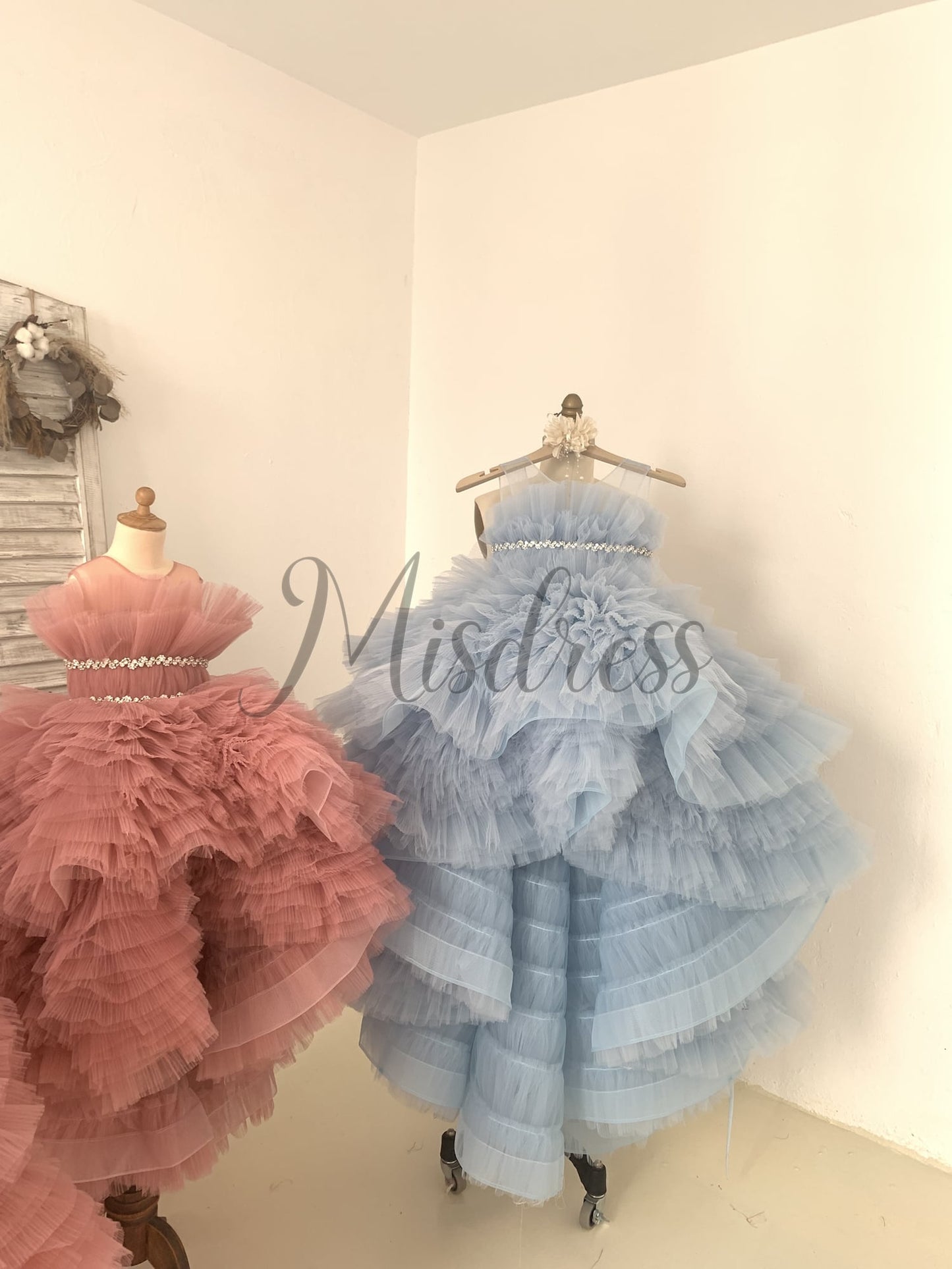 Hi Low Pleated Tulle Wedding Flower Girl Dress Kids Birthday Party Ball Gown Dress