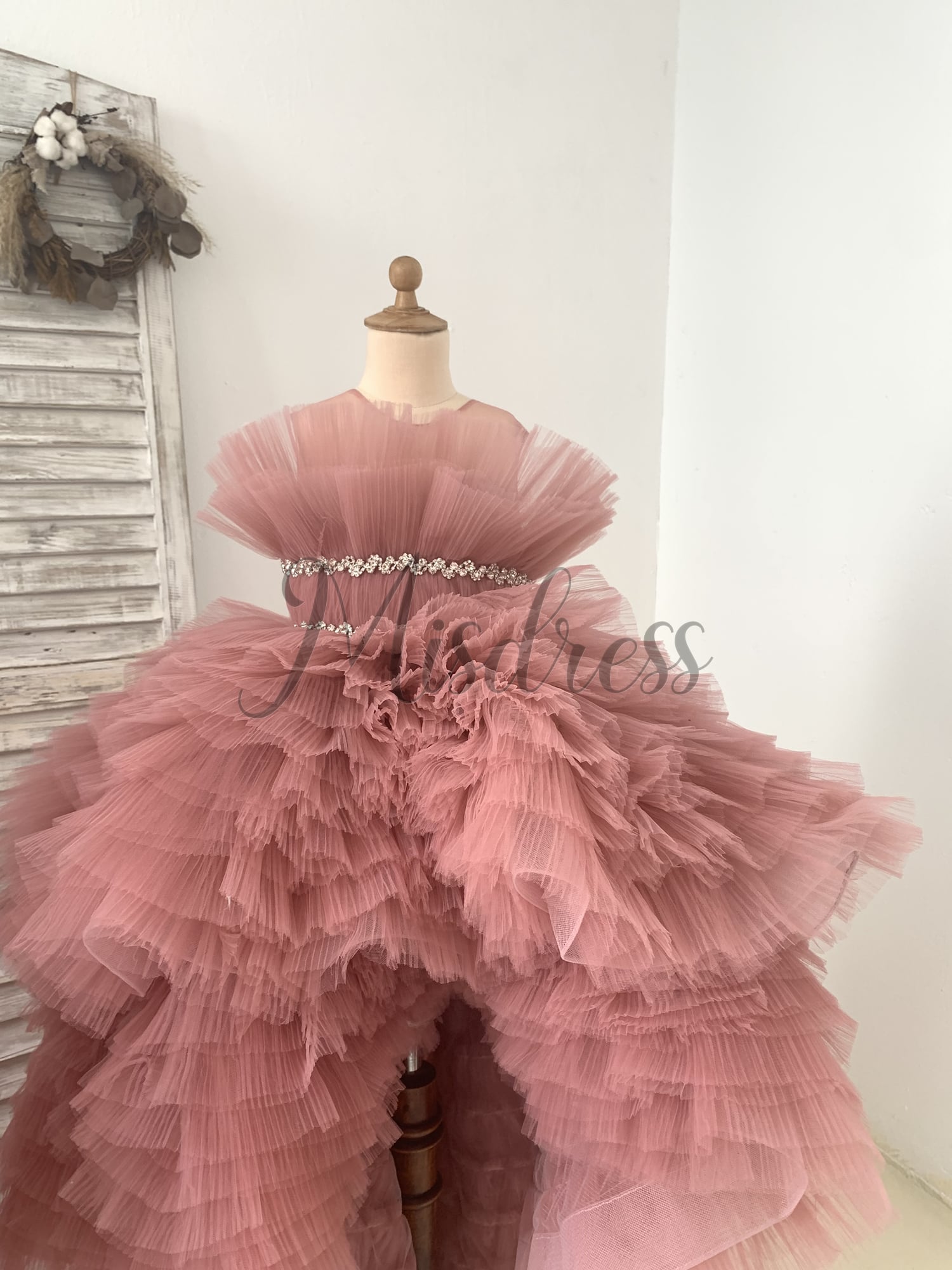 Hi Low Pleated Tulle Wedding Flower Girl Dress Kids Birthday Party Ball Gown Dress