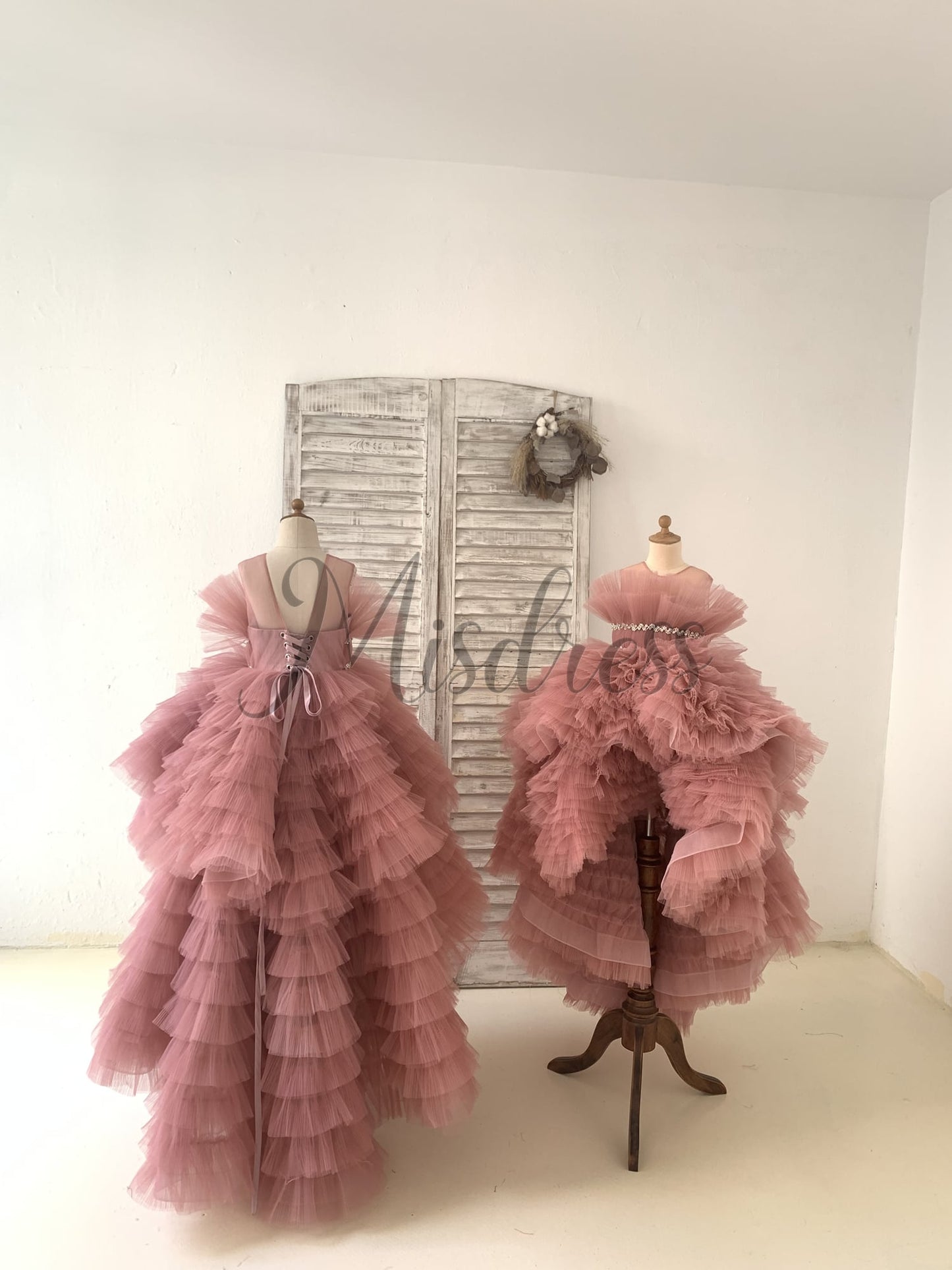 Hi Low Pleated Tulle Wedding Flower Girl Dress Kids Birthday Party Ball Gown Dress