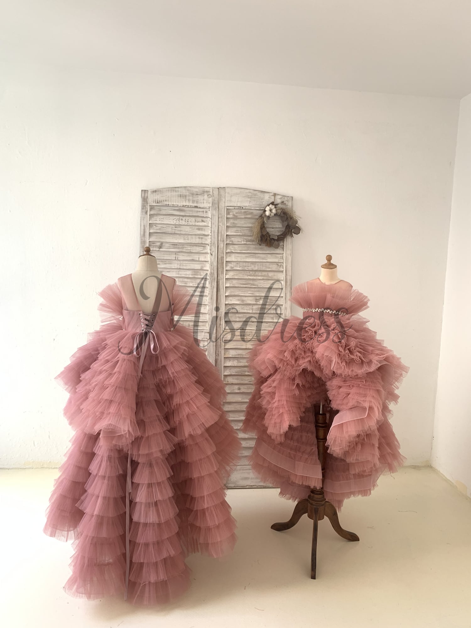 Hi Low Pleated Tulle Wedding Flower Girl Dress Kids Birthday Party Ball Gown Dress
