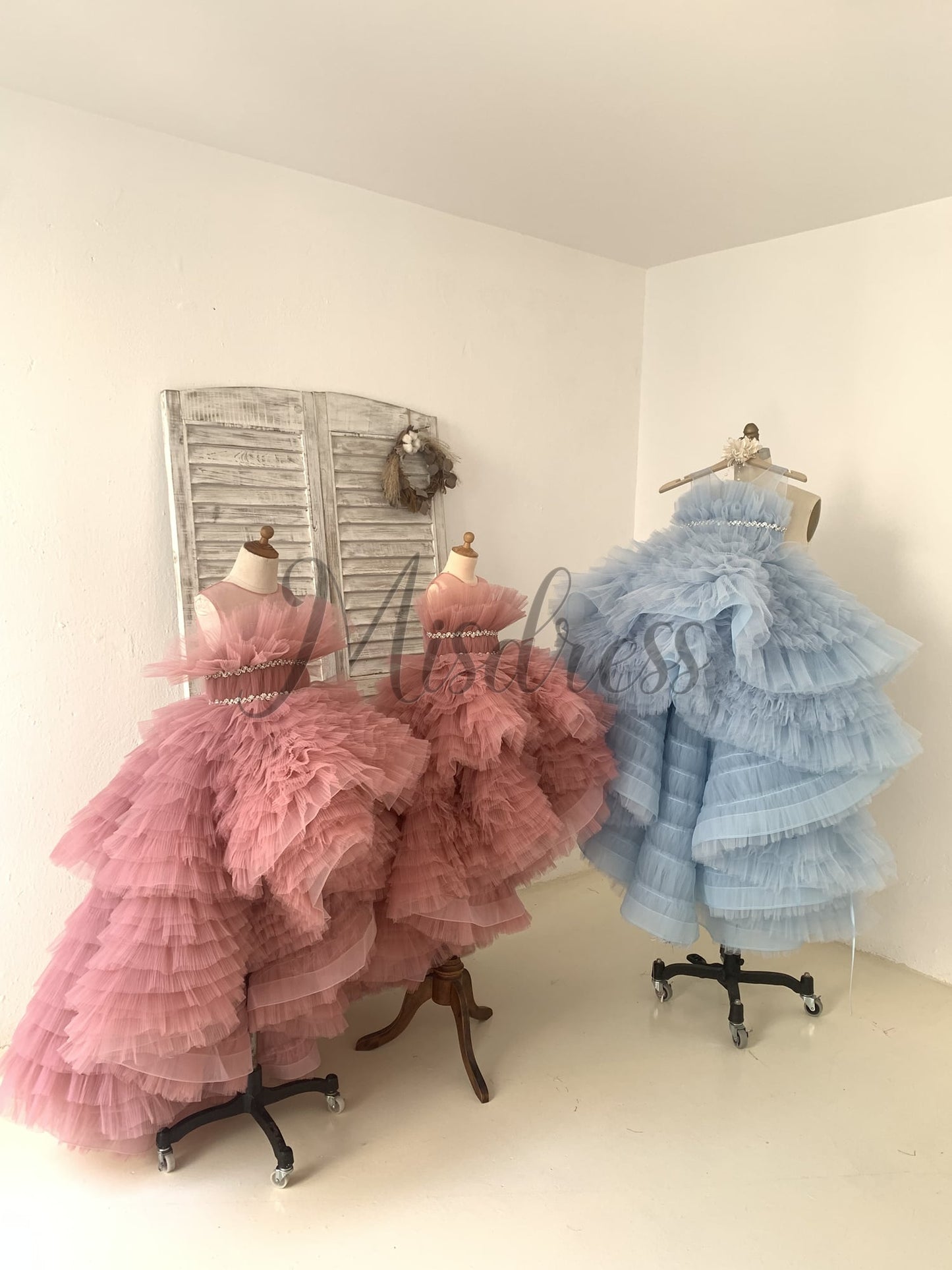 Hi Low Pleated Tulle Wedding Flower Girl Dress Kids Birthday Party Ball Gown Dress