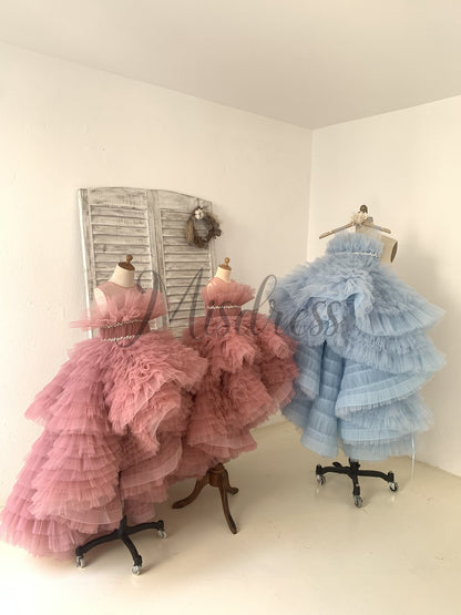 Hi Low Pleated Tulle Wedding Flower Girl Dress Kids Birthday Party Ball Gown Dress