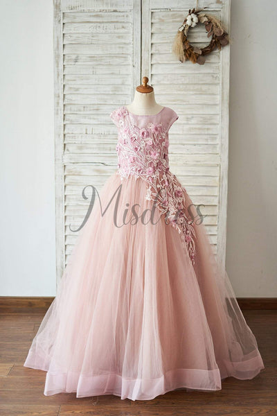 Mauve Lace Tulle 3D Flowers V Back Wedding Flower Girl Dress - Flower Girl Dresses