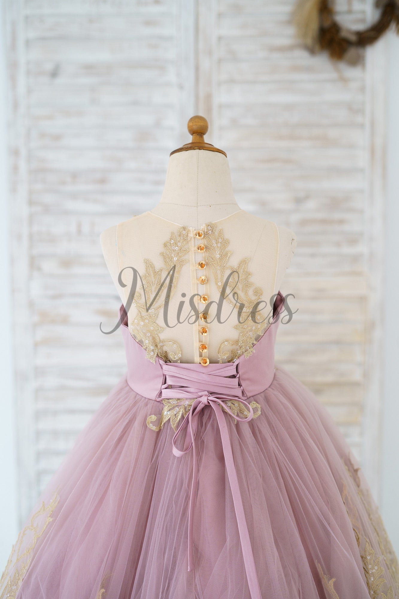 Mauve Tulle Gold Lace Sheer Back Wedding Flower Girl Dress Kids Party Dress