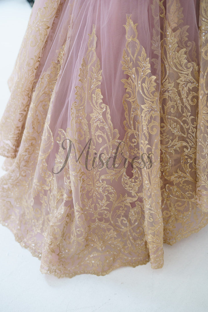 Mauve Tulle Gold Lace Sheer Back Wedding Flower Girl Dress Kids Pagean |  Misdress