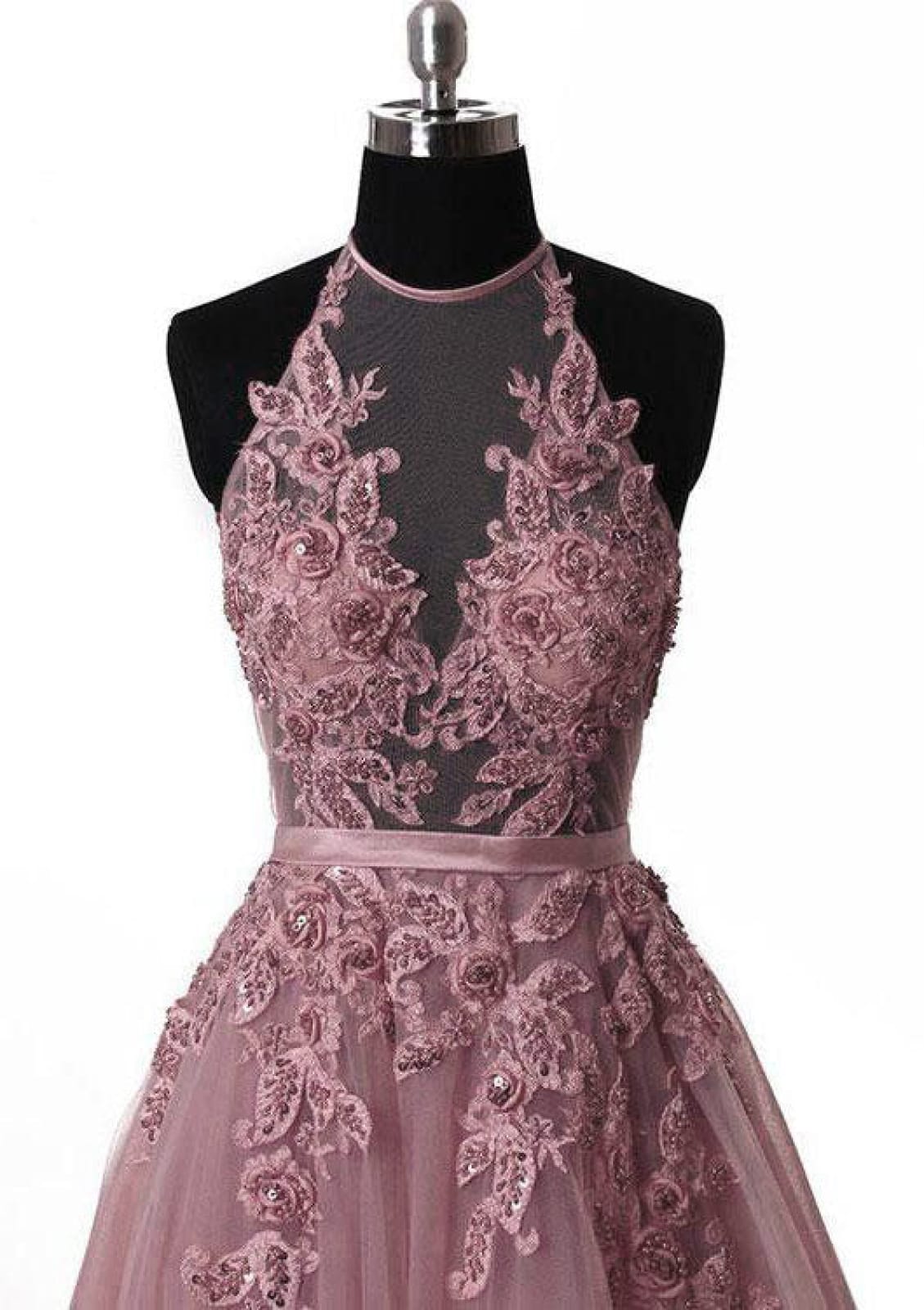 Mauve Tulle Prom Dress A-Line Halter Sleeveless Floor Length Court, Lace Mauve Tulle Prom Dress A-Line Halter Sleeveless Floor Length Court, Lace