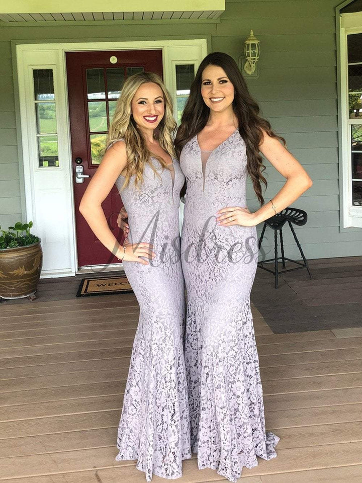 Mermaid V Back Gray / White Lace Wedding Bridesmaid Evening Dress 14 / Grey