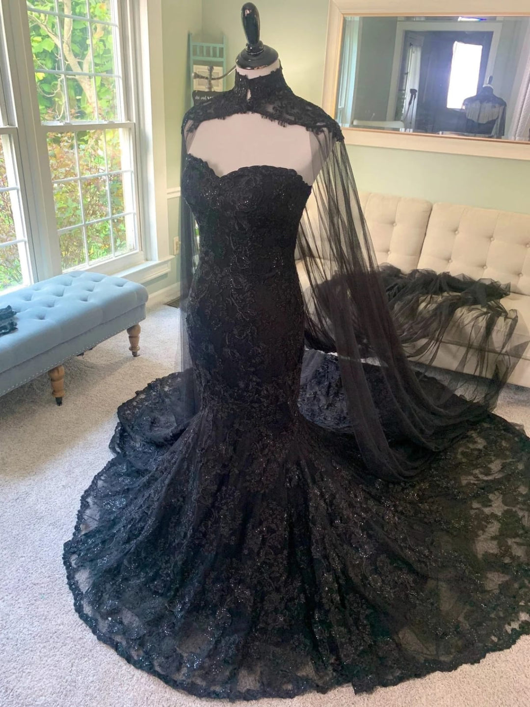 Mermaid Lace 3 in 1 Black Wedding Dress, Cape Veil, Removable Sleeves | Misdress Mermaid Lace 3 in 1 Black Wedding Dress, Cape Veil, Removable Sleeves | Misdress