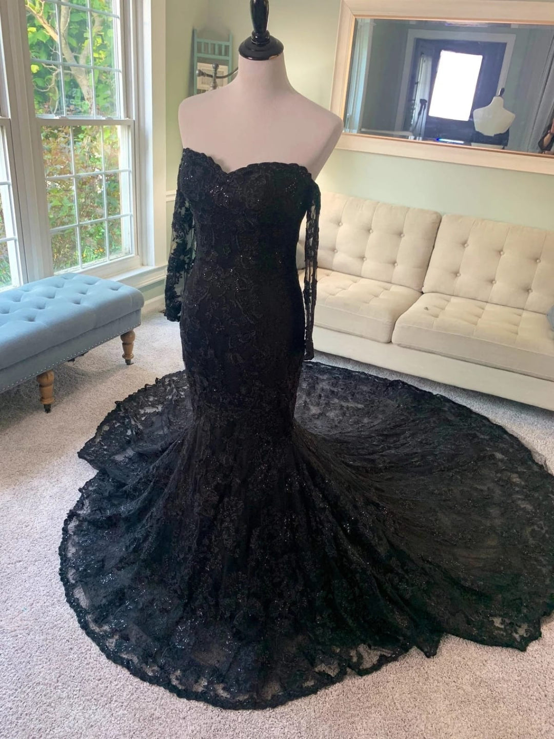 Mermaid Lace 3 in 1 Black Wedding Dress, Cape Veil, Removable Sleeves | Misdress Mermaid Lace 3 in 1 Black Wedding Dress, Cape Veil, Removable Sleeves | Misdress
