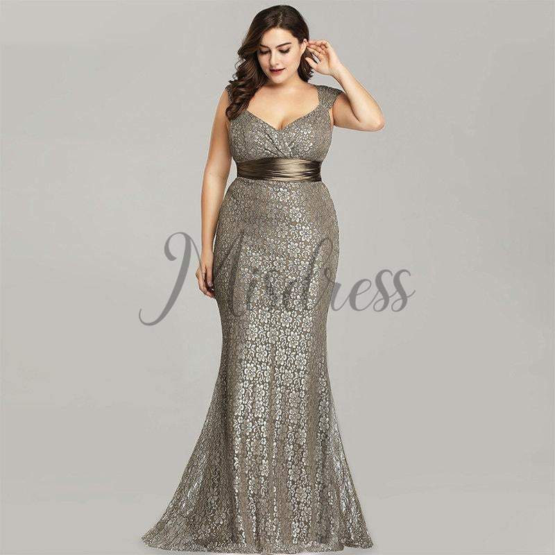 Mermaid Lace V Neck Cap Sleeves Plus Size Evening Prom Dress - 2 / Coffee - Prom Dresses