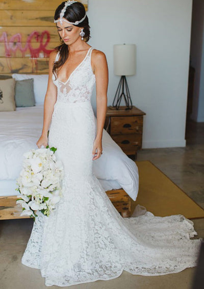 Mermaid V-Neck Sleeveless Fishtail Lace Court Bridal Wedding