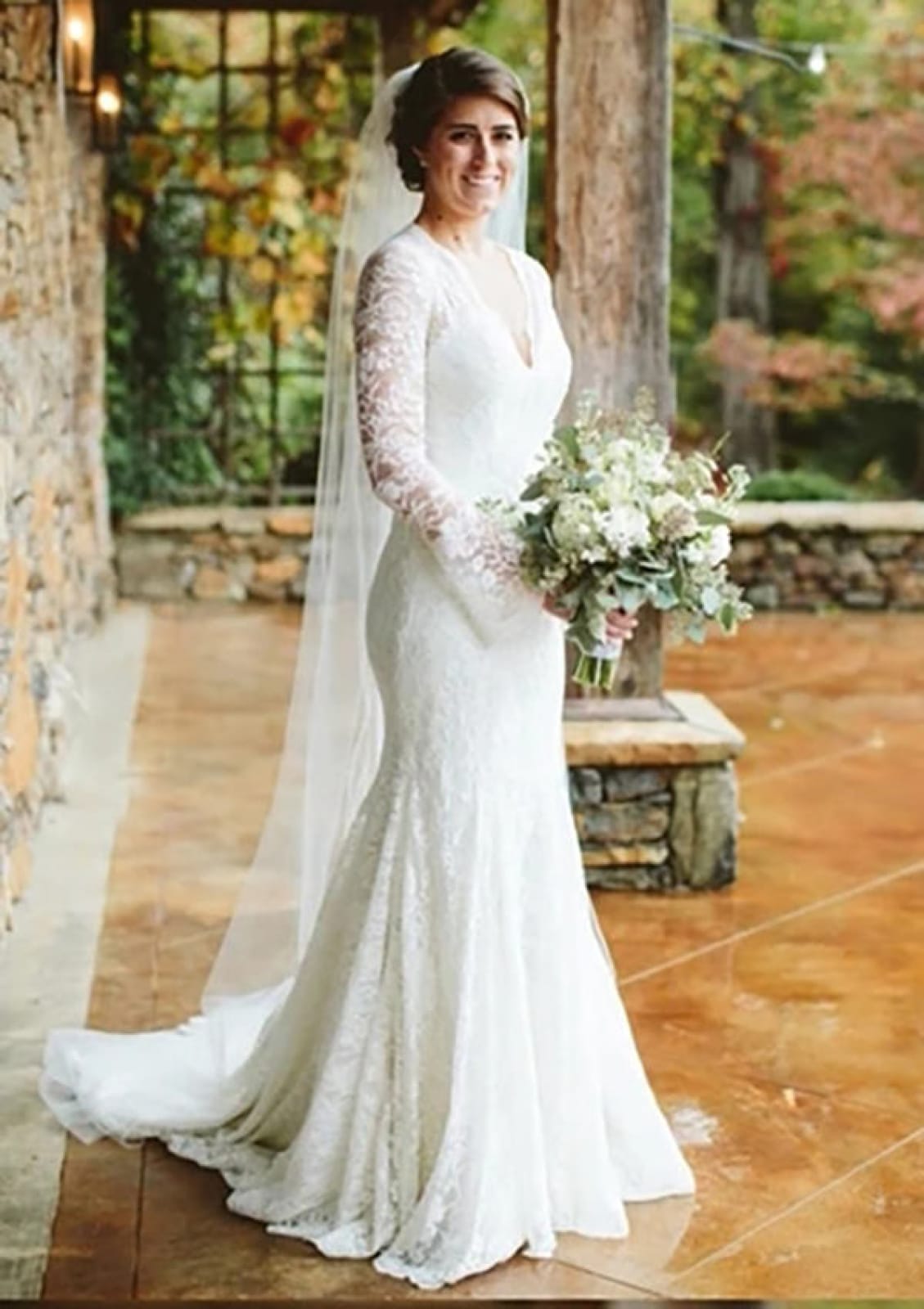 Mermaid V Neck Sweep Train Long Sleeve Lace Wedding Dress - 