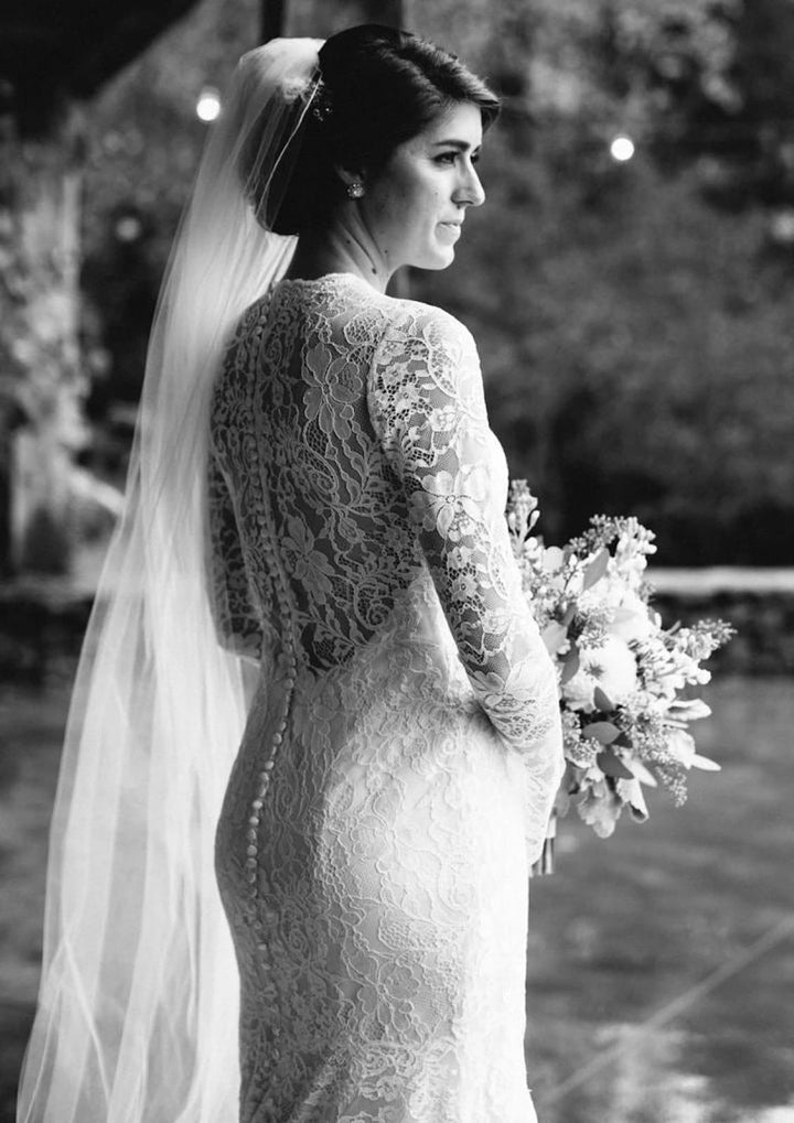 Mermaid V Neck Sweep Train Long Sleeve Lace Wedding Dress - 