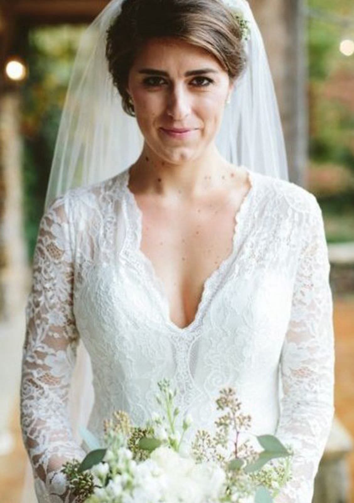 Mermaid V Neck Sweep Train Long Sleeve Lace Wedding Dress - 