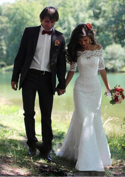 Mermaid Off Shoulder Half Sleeve Court Train Lace Bridal 