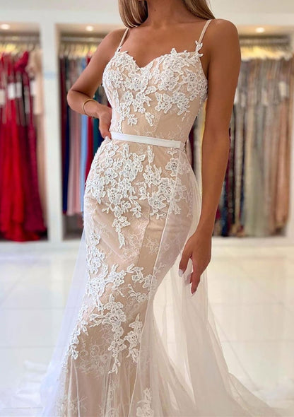 Mermaid Overskirt Court Train Lace Tulle Wedding Dress 
