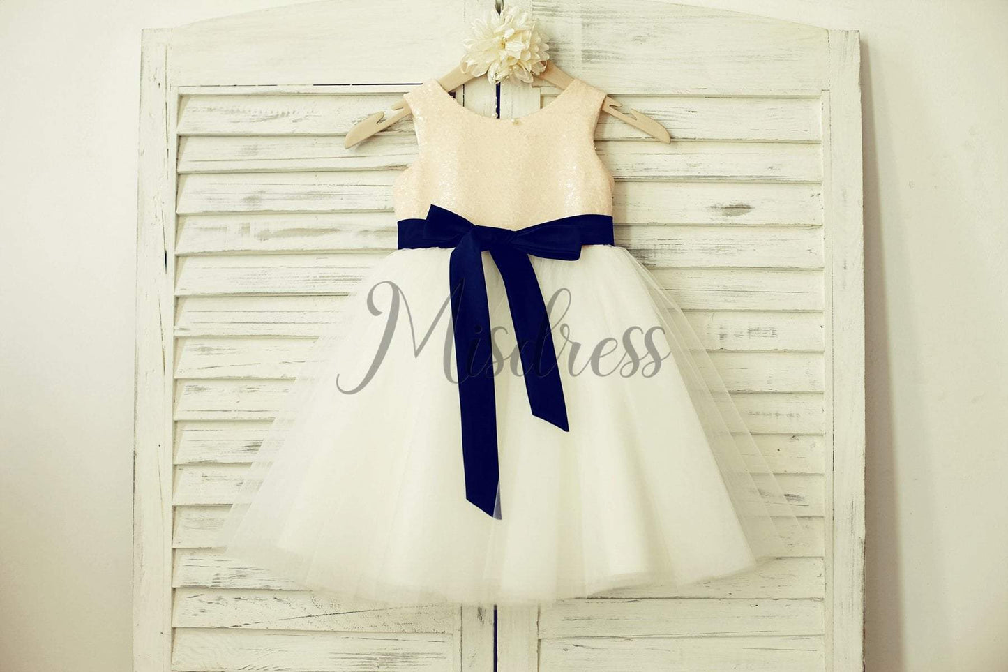 Mint Sequin Ivory Tulle Flower Girl Dress with navy blue sash - 1T --- Chest = 20 inches/ Waist = 19 inches/ Hollow to knee = 20.5 inches /