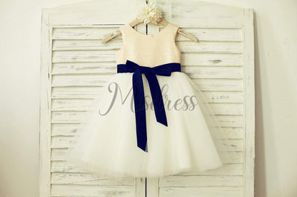Mint Sequin Ivory Tulle Flower Girl Dress with navy blue sash - 1T --- Chest = 20 inches/ Waist = 19 inches/ Hollow to knee = 20.5 inches /