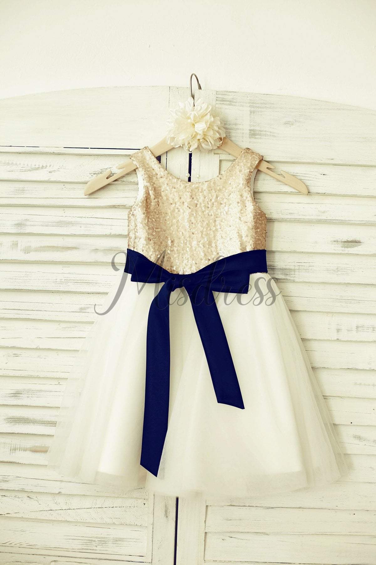 Mint Sequin Ivory Tulle Flower Girl Dress with navy blue sash - 1T --- Chest = 20 inches/ Waist = 19 inches/ Hollow to knee = 20.5 inches /