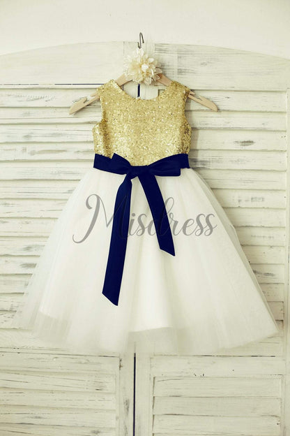 Mint Sequin Ivory Tulle Flower Girl Dress with navy blue sash - 1T --- Chest = 20 inches/ Waist = 19 inches/ Hollow to knee = 20.5 inches /