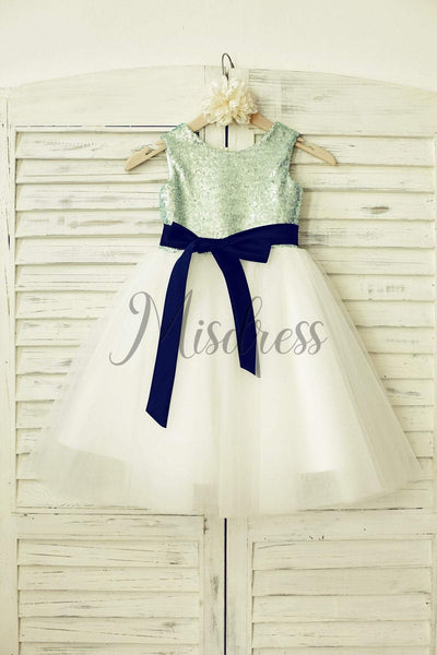 Mint Sequin Ivory Tulle Flower Girl Dress with navy blue sash - 1T --- Chest = 20 inches/ Waist = 19 inches/ Hollow to knee = 20.5 inches /