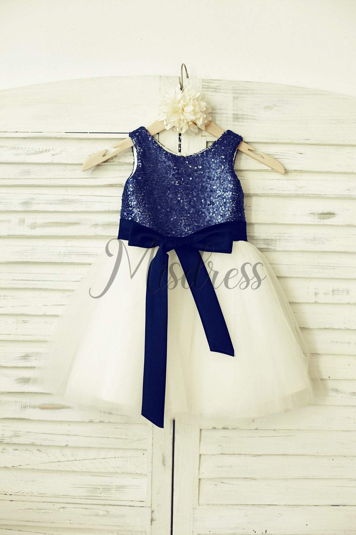 Mint Sequin Ivory Tulle Flower Girl Dress with navy blue sash - 1T --- Chest = 20 inches/ Waist = 19 inches/ Hollow to knee = 20.5 inches /