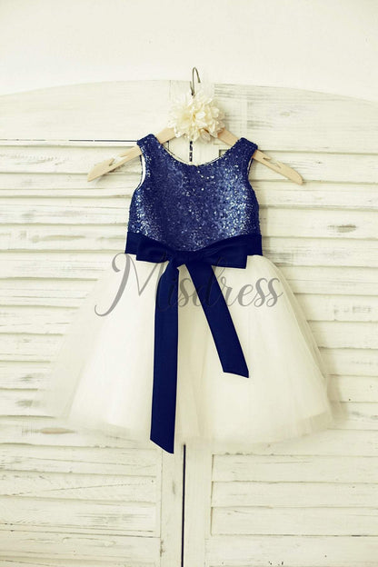 Mint Sequin Ivory Tulle Flower Girl Dress with navy blue sash - 1T --- Chest = 20 inches/ Waist = 19 inches/ Hollow to knee = 20.5 inches /