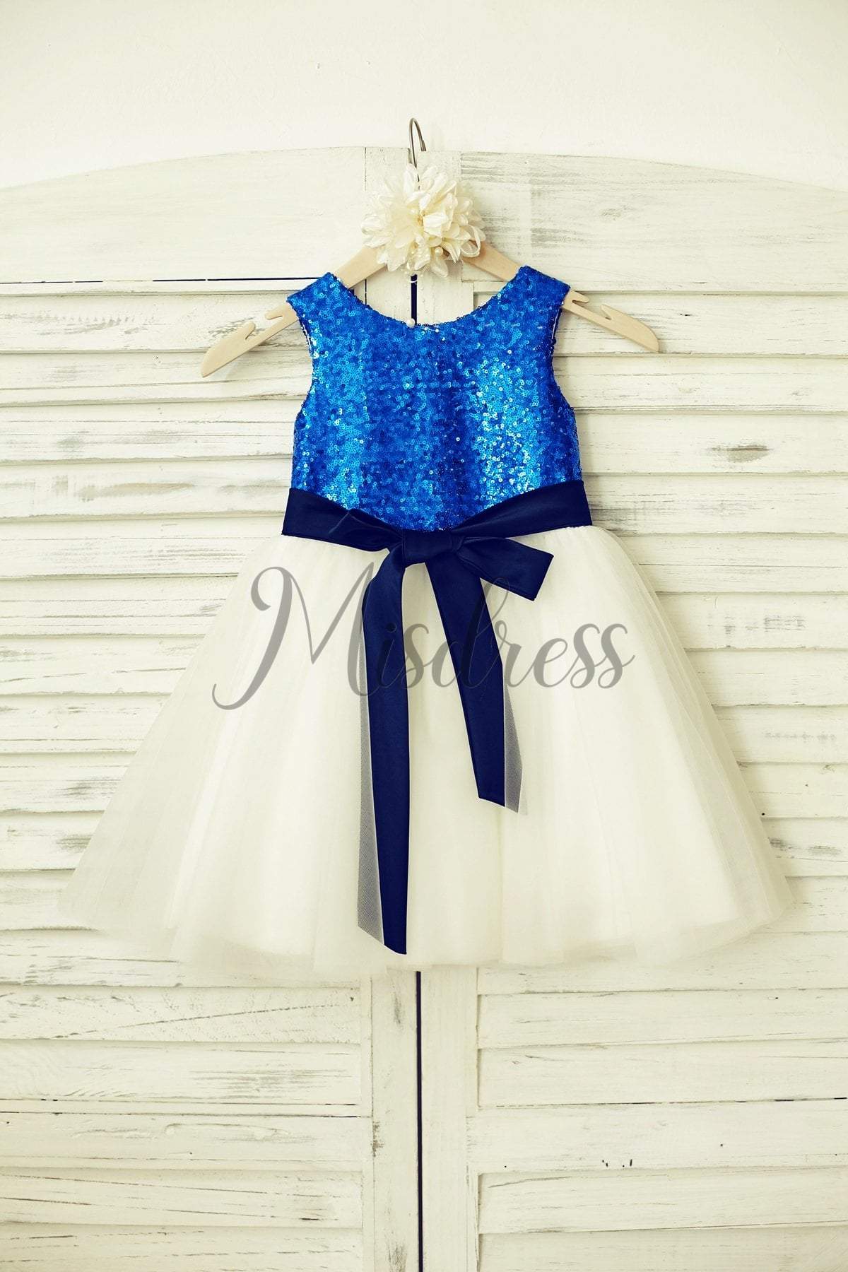Mint Sequin Ivory Tulle Flower Girl Dress with navy blue sash - 1T --- Chest = 20 inches/ Waist = 19 inches/ Hollow to knee = 20.5 inches /