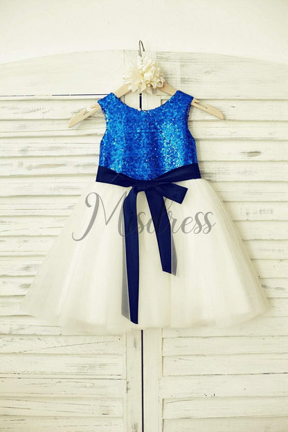 Mint Sequin Ivory Tulle Flower Girl Dress with navy blue sash - 1T --- Chest = 20 inches/ Waist = 19 inches/ Hollow to knee = 20.5 inches /
