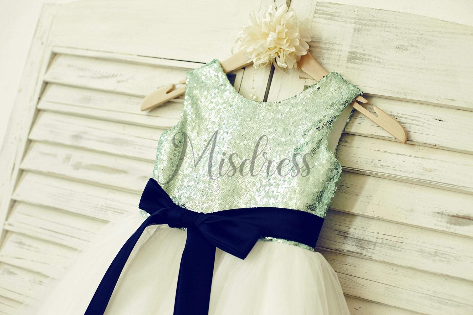 Mint Sequin Ivory Tulle Flower Girl Dress with navy blue sash - Flower Girl Dresses